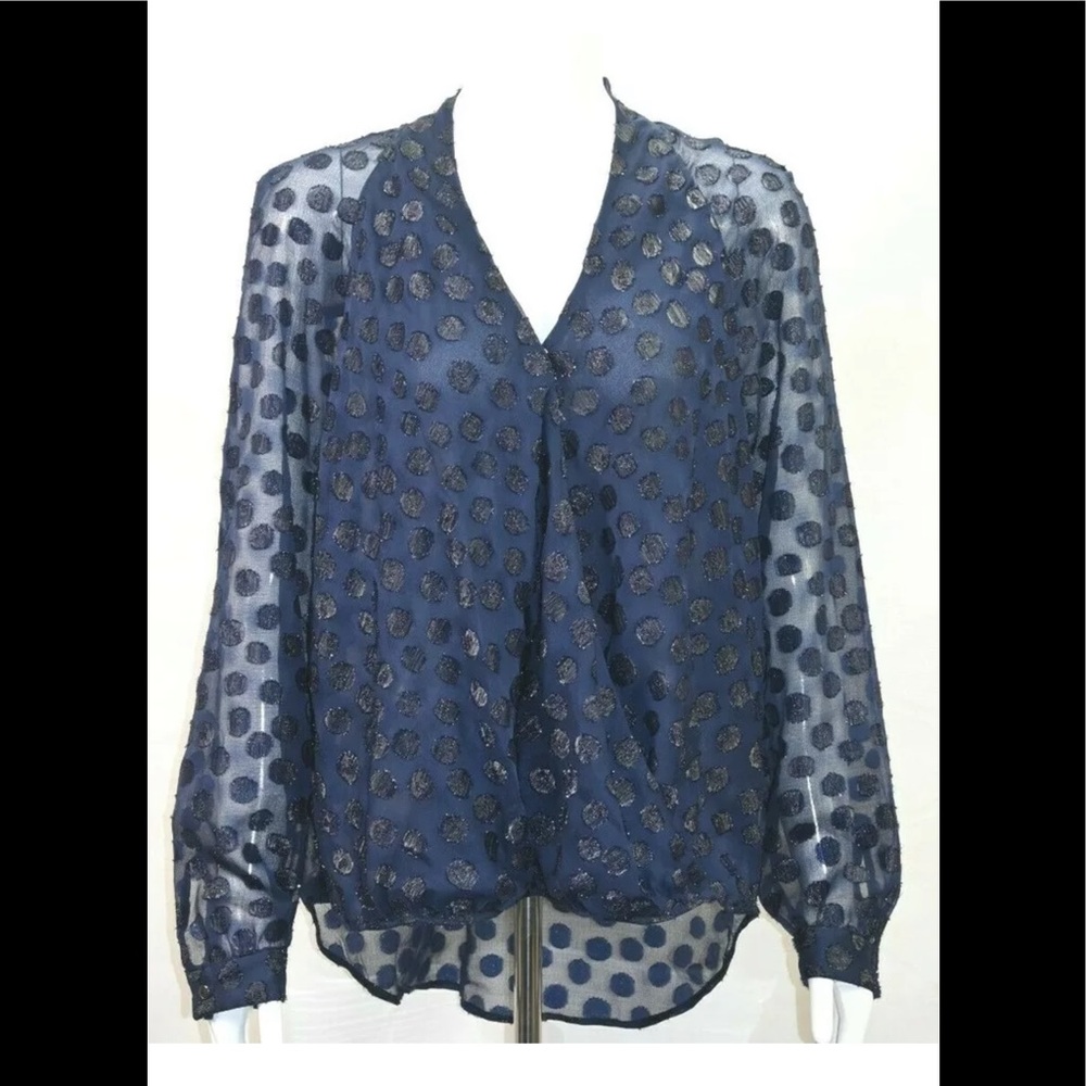 NWT Jennifer Lopez women's sheer top dark blue polka dot design size XS
